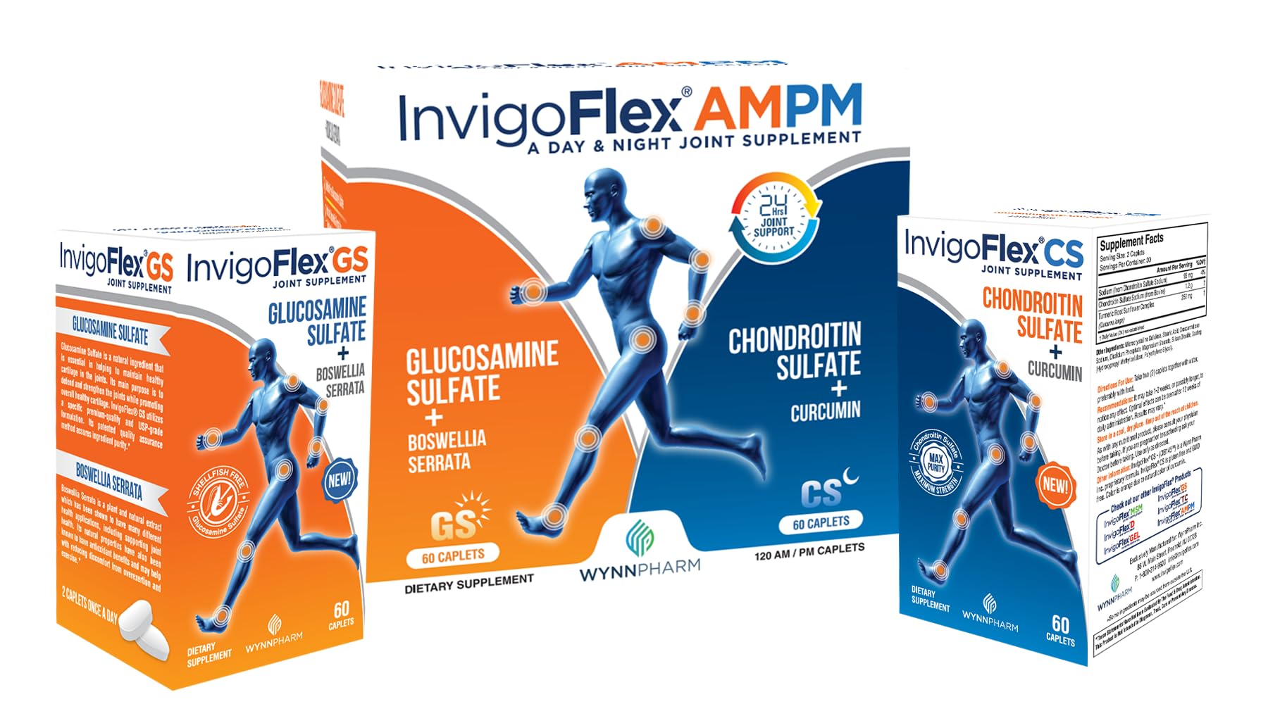 INVIGOFLEX® AMPM - Glucosamine & Chondroitin Sulfate - Turmeric Curcumin - Boswellia Serrata (Non GMO) for Knees, Hands, Back and Hip 24 - Hour Premium Joint Supplement