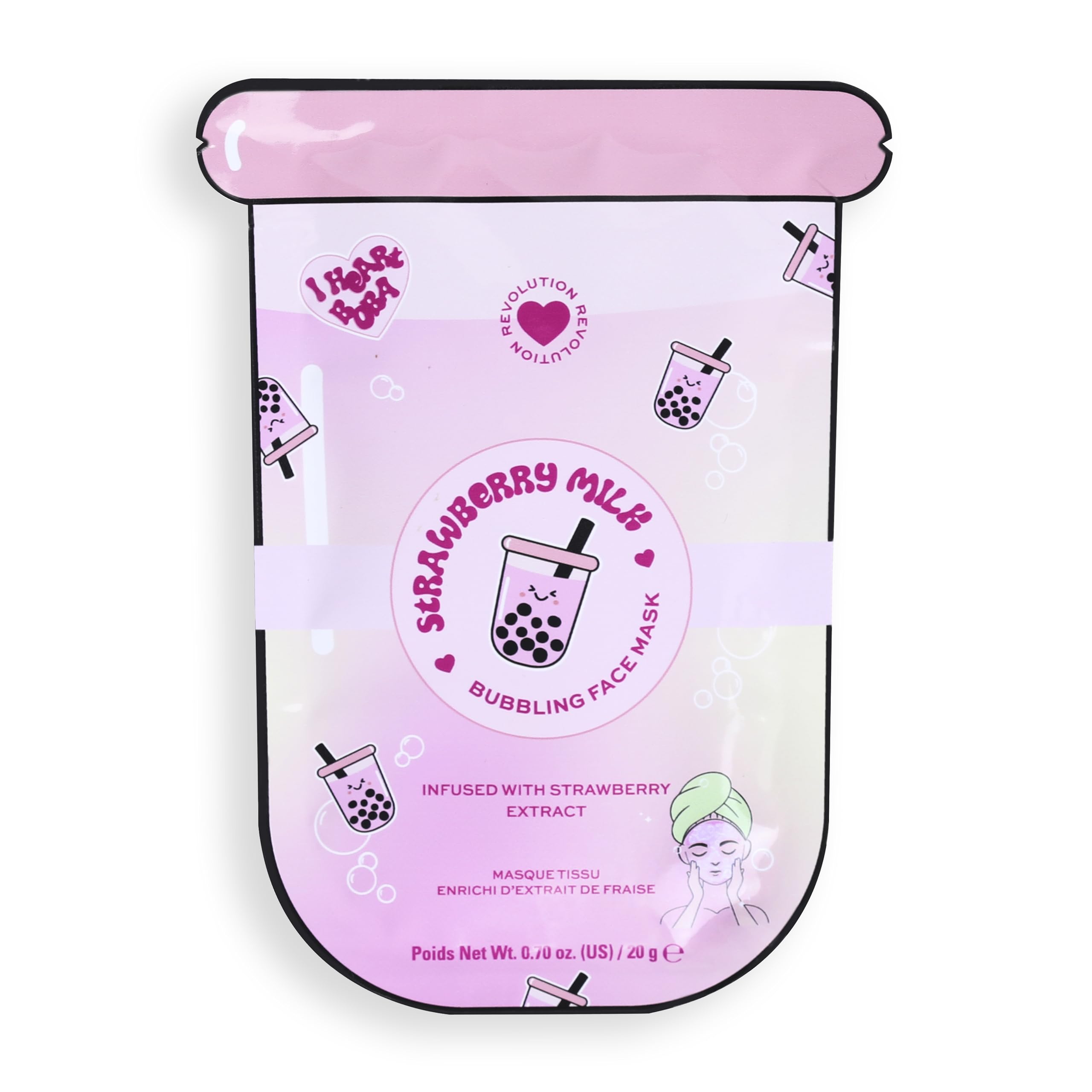 I Heart Revolution Bubble Tea Strawberry Milk Bubble Sheet Mask, Calms & Hydrates Skin With Matcha & Green Tea Extract, Vegan & Cruelty-Free, Strawberry Pink