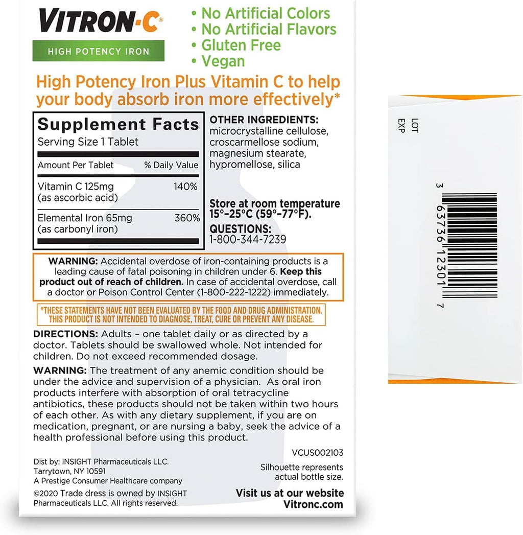 Vitron-C High Potency Iron Supplement with Vitamin C, Pack of 3 (180 Count Total)