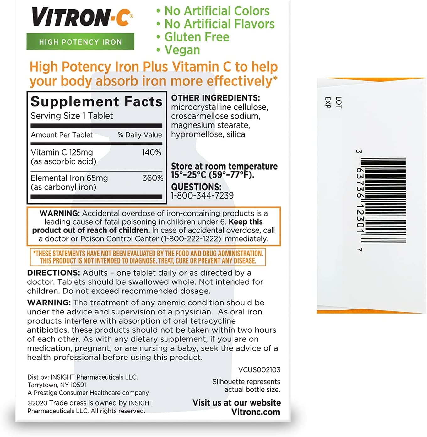 Vitron-C High Potency Iron Supplement with Vitamin C, Pack of 3 (180 Count Total)