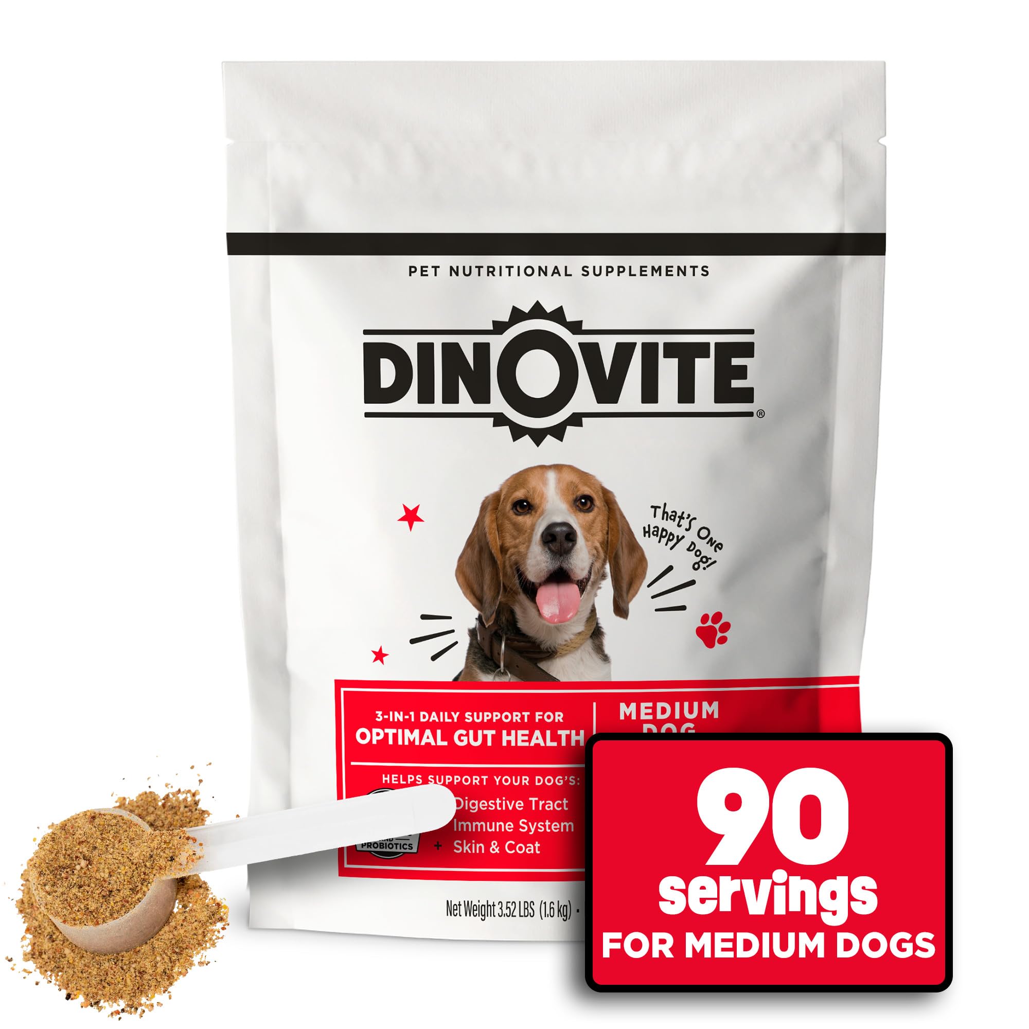 Dinovite Probiotics for Dogs, Probiotic Powder Food Topper for Medium Dogs (18-45 lb), Daily Digestive Health & Skin Support with Omega-3s, 90 Servings
