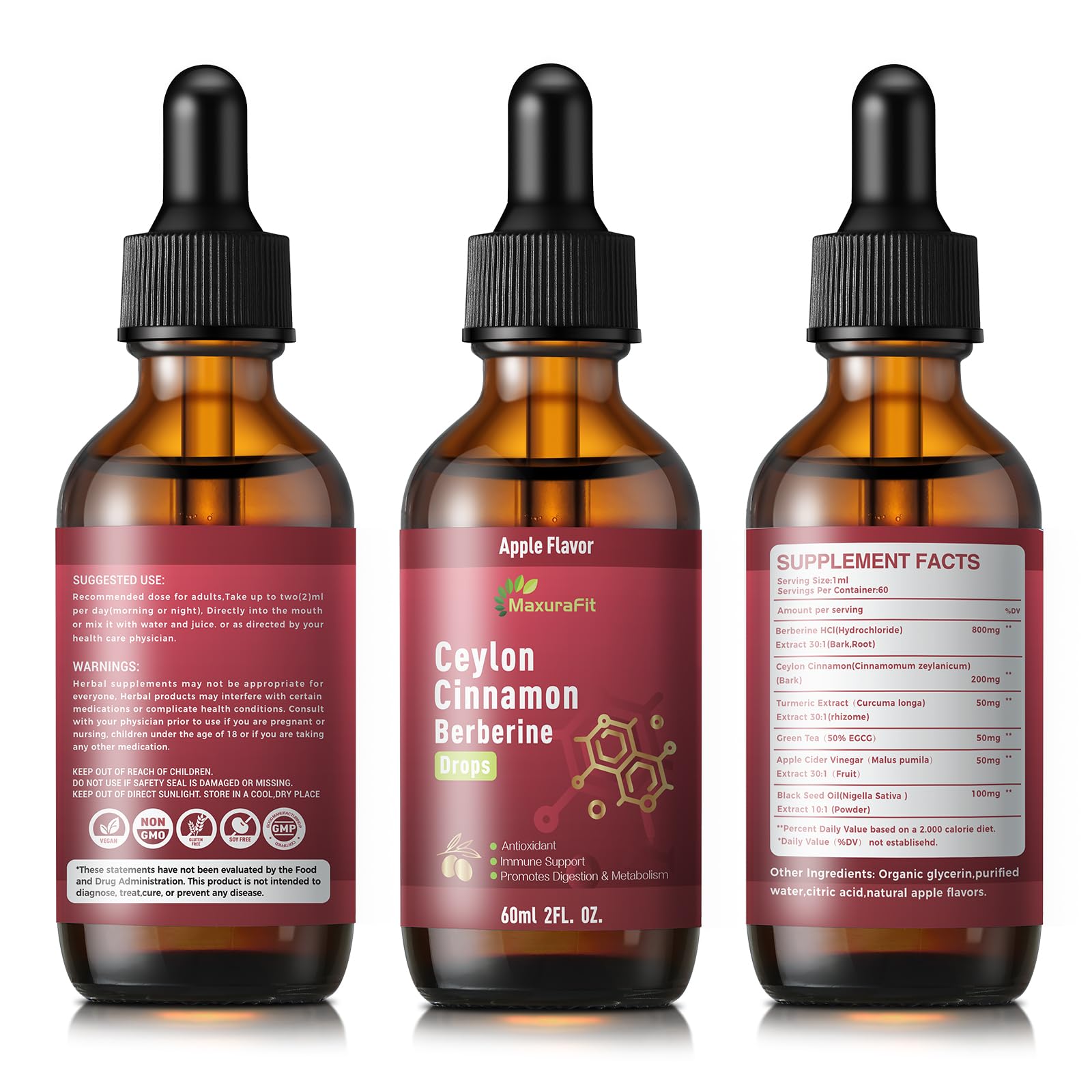 2 Pack Ceylon Cinnamon Berberine Bitter Liquid Drops Supplement with Turmeric,Green Tea,Apple Cider Vinegar,Black Seed Oil for Immune System & Digestive System Supports 4 FL OZ