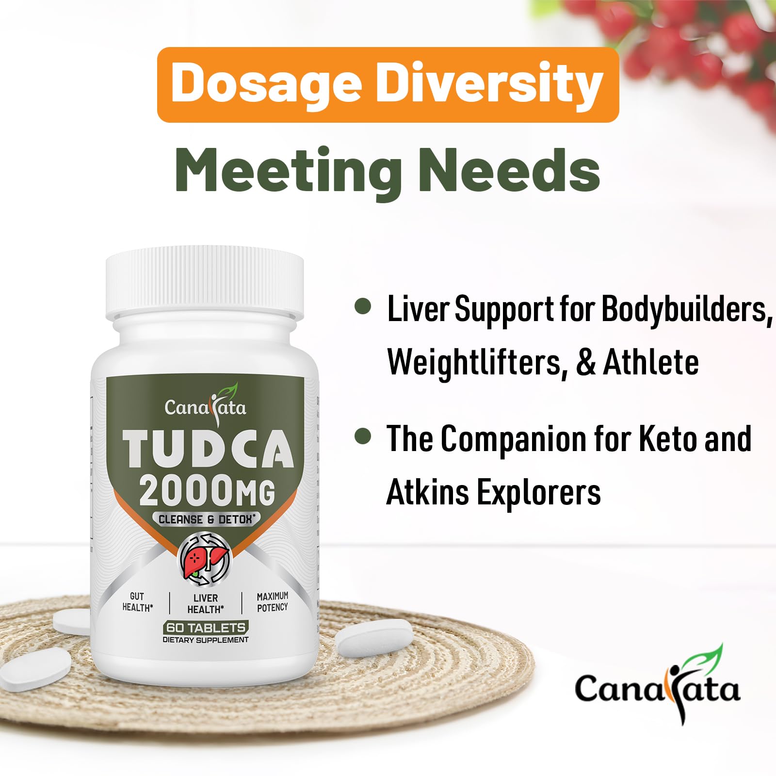 Canarata TUDCA Liver Supplements 2000mg - Strong Bile Salts Support Liver Detox & Cleanse - Liver and Gallbladder Health Formula-Easy to Swallow Tablets-30 Days Supply