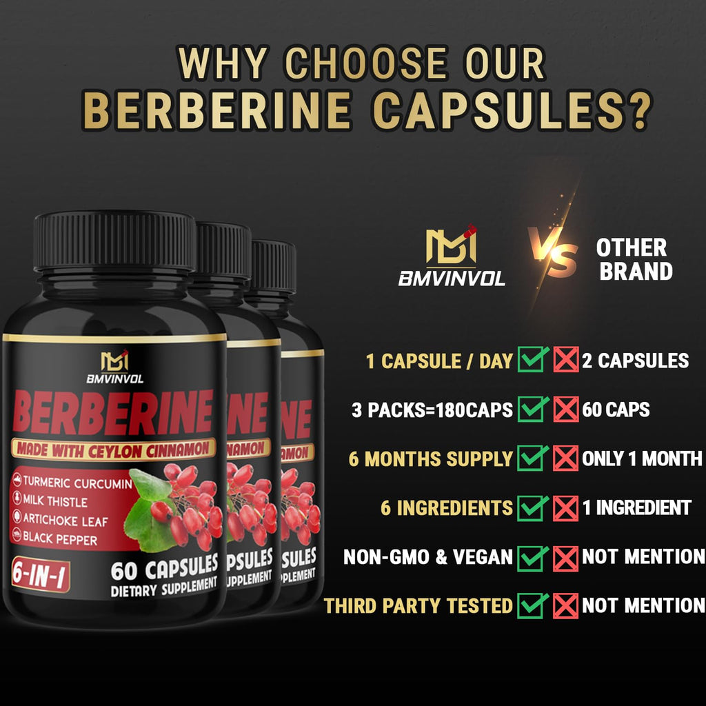 (3 Packs) Berberine Supplement Plus Ceylon Cinnamon, Milk Thistle, Turmeric, Artichoke Leaf, Black Peppe - 6 Month Supply - 180 Capsules Total