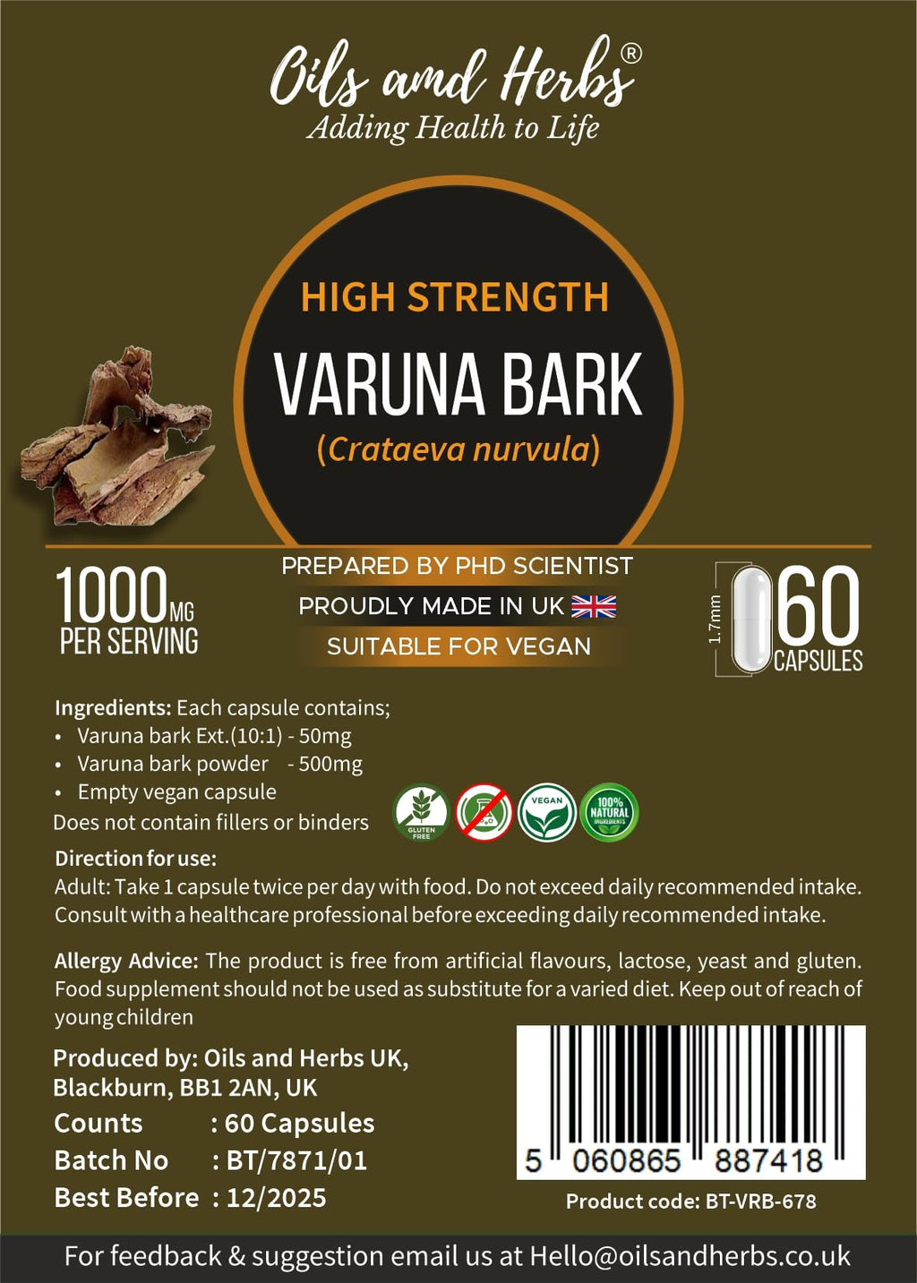 High Strength Varuna Bark Capsule- 2000MG- No fillers or Binders- Made in UK- Prepared by Phd Scientist