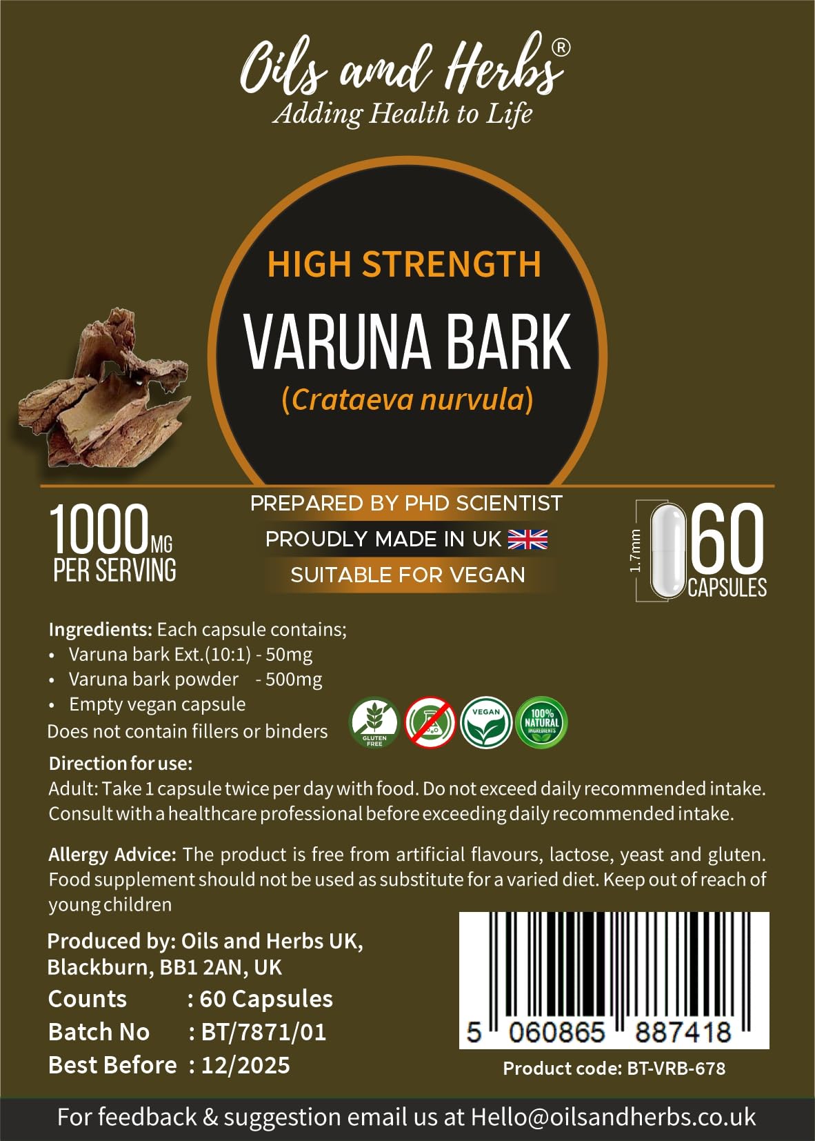 High Strength Varuna Bark Capsule- 2000MG- No fillers or Binders- Made in UK- Prepared by Phd Scientist