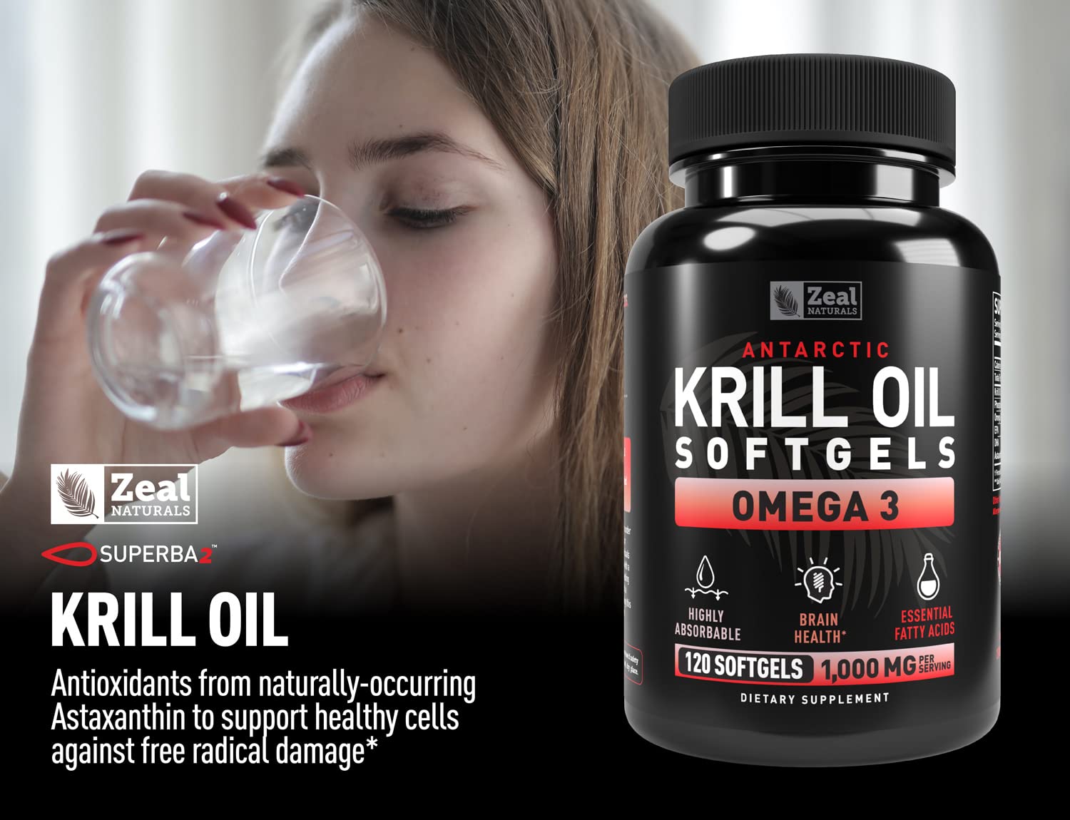 Antarctic Krill Oil 1000mg (120 Softgels) Omega 3 Fish Oil Supplement with EPA, DHA & Astaxanthin - for Joint, Brain, and, Heart Support for Men and Women