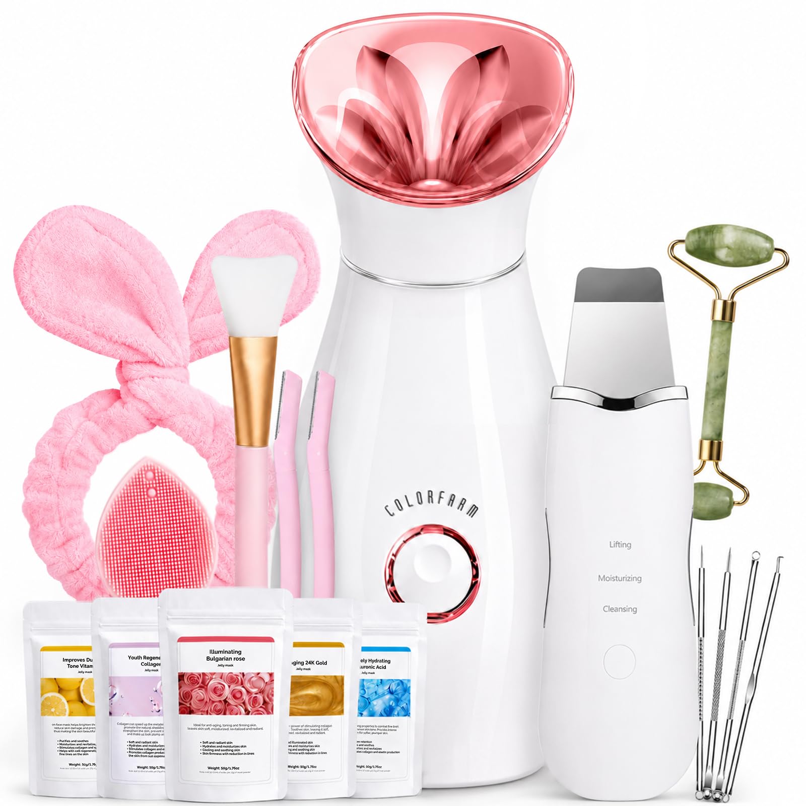 Colorfarm Facial Steamer Spa Kit: Nano Ionic Face Steamer for Facial Deep Cleansing - Home Spa Skincare Set with 17 Skin Care Tools Self Care Gifts for Women