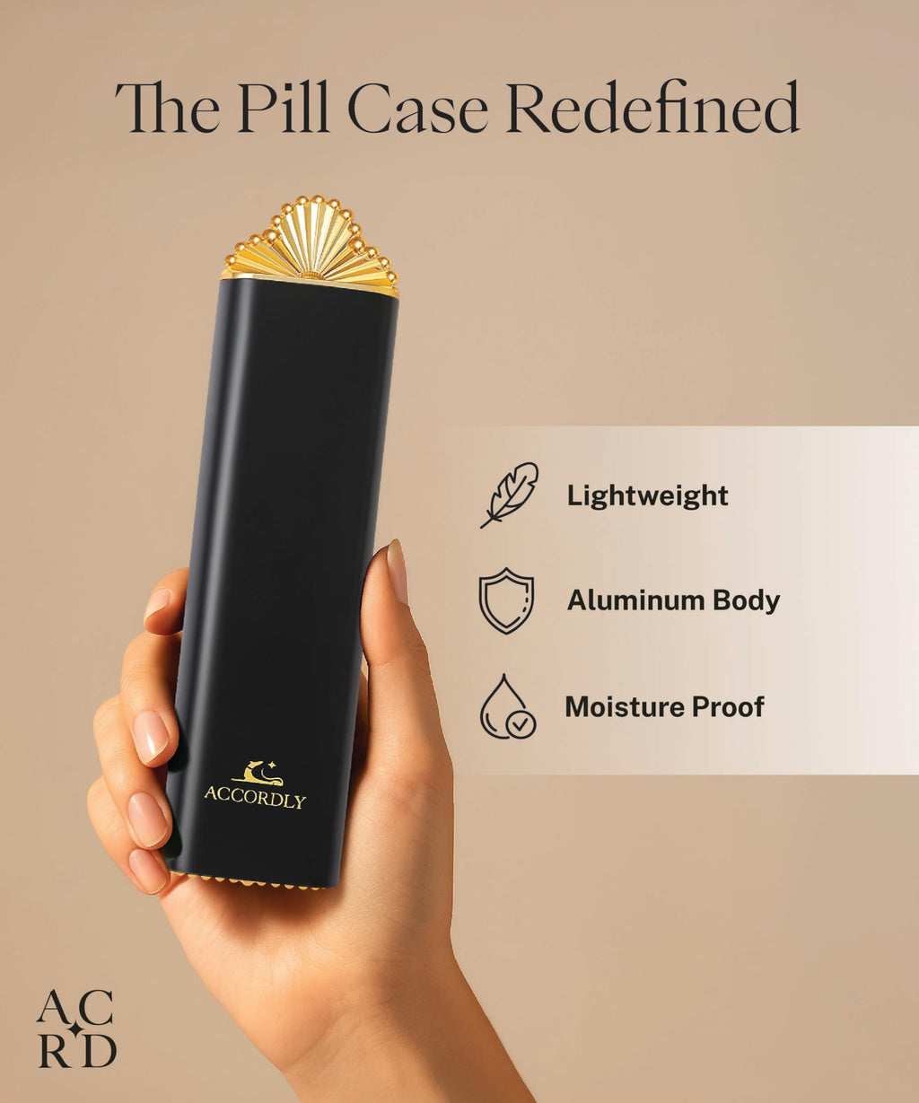 Accordly Premium Weekly Pill Organizer, 7-Day Compact Pill Case for Purse, Lightweight Gold Aluminum Pill Box for Vitamins, Medicine, Supplements, Luxury Wellness Gift