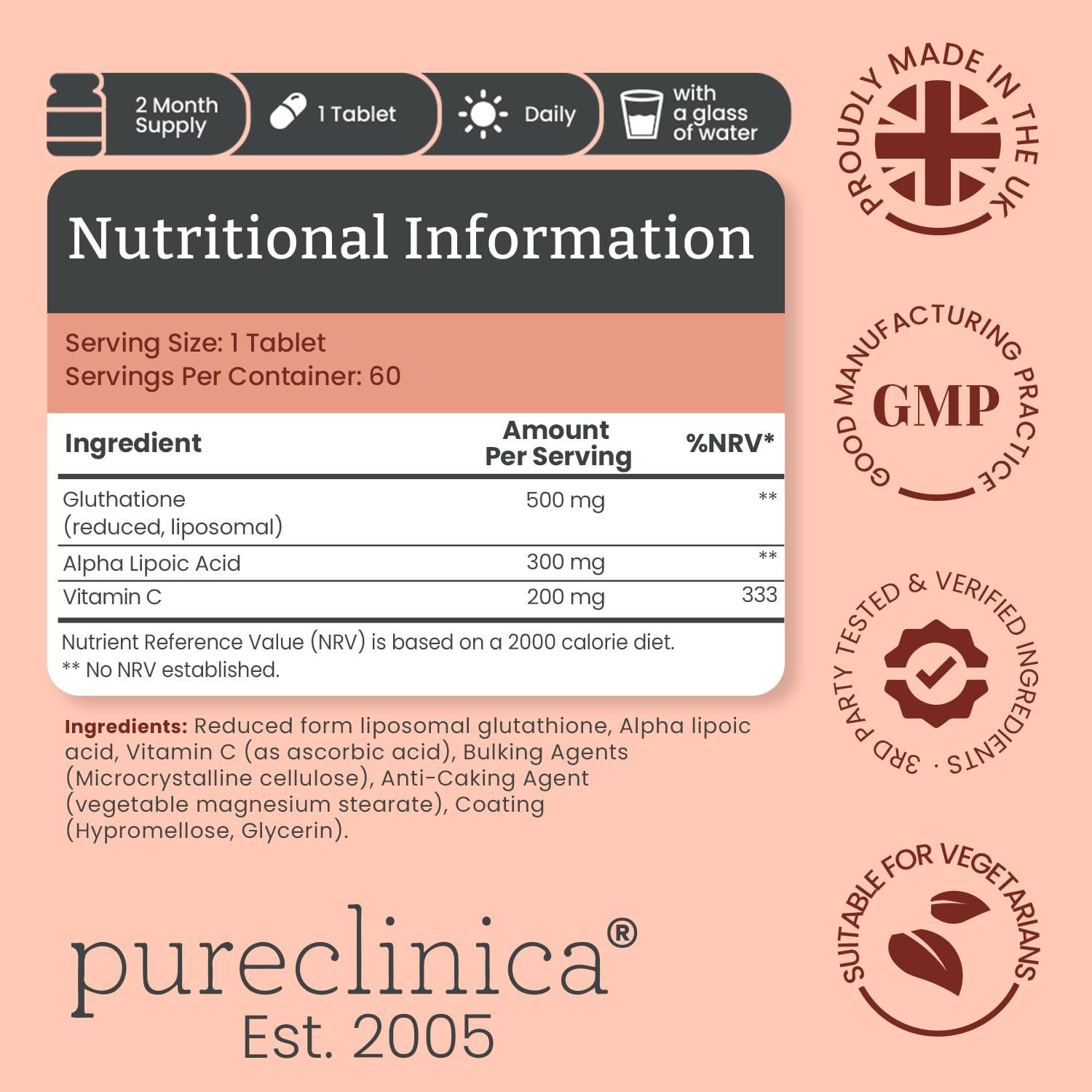 pureclinica Glutathione 1000mg x 60 Tablets. with 500mg Glutathione, 300mg ALA, and 200mg Vitamin C per Tablet.