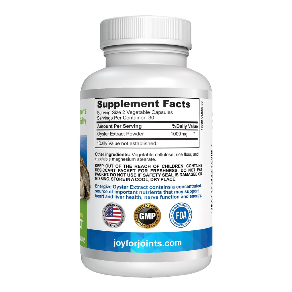 Energize Oyster Extract, Highly Concentrated Supplement for Men & Women - Zinc, Taurine, Amino Acid, Supports Wellbeing and Energy - 500mg, 60 Veg Capsules by Lifespan
