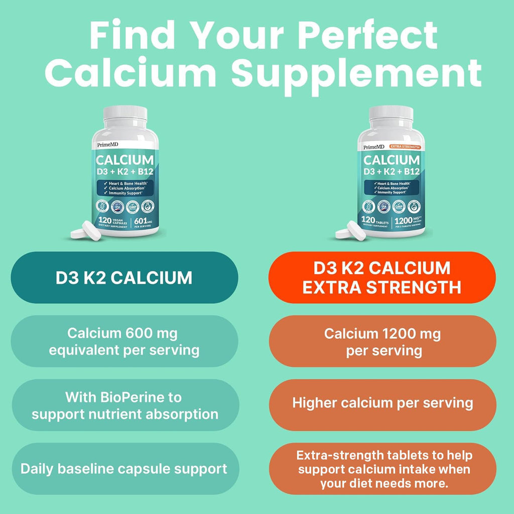 4-in-1 Calcium 1200 mg with Vitamin D3 K2 - Extra Strength Calcium Supplements for Women & Men with D3 K2 Vitamin 5000 IU - Everyday Vitality Supplement - Vegan-Friendly, Gluten-Free, Non-GMO (120ct)