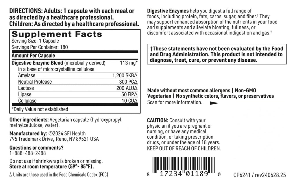 Klaire Labs SFI Health Digestive Enzymes - Gut Health Supplements with Lipase, Amylase & Protease Enzymes for Digestion - Aid Nutrient Absorption - Help Occasional GI Discomfort (180 Capsules)