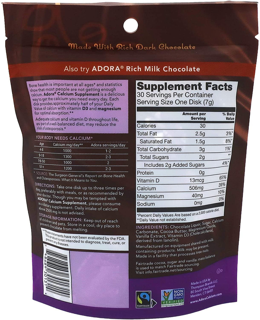 Adora Adora Calcium Supplement, 500mg, Dark Chocolate 30 disks (Quantity of 4)