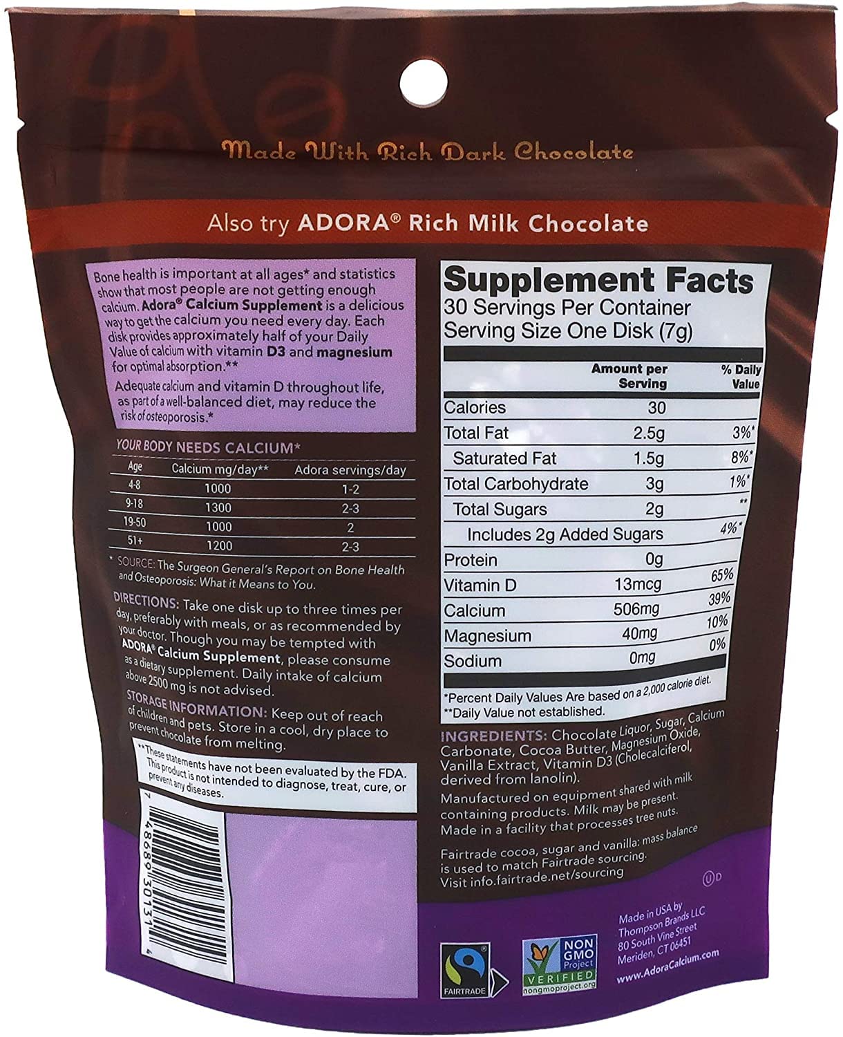Adora Adora Calcium Supplement, 500mg, Dark Chocolate 30 disks (Quantity of 4)