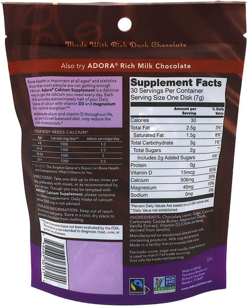 Adora Adora Calcium Supplement, 500mg, Dark Chocolate 30 disks (Quantity of 4)