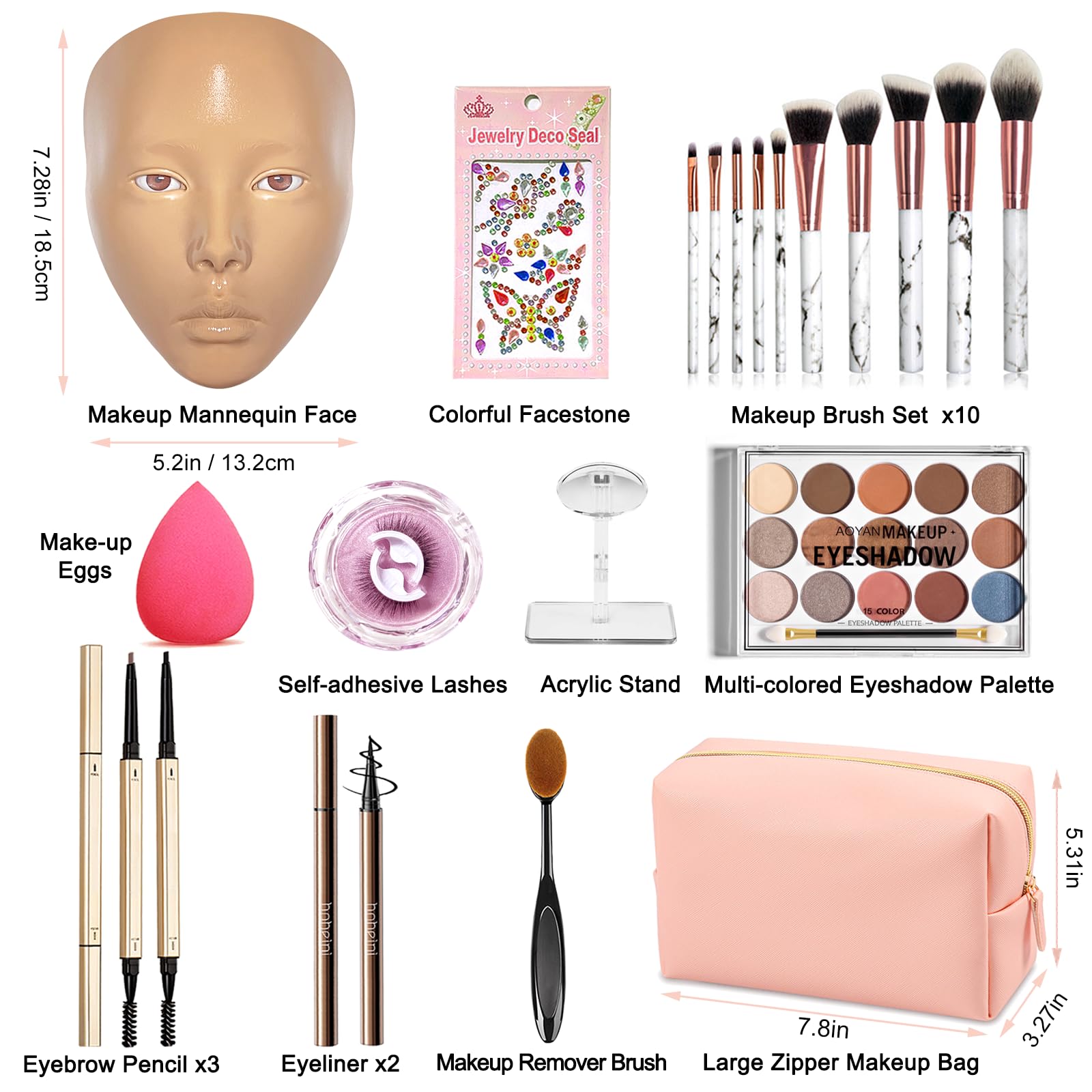 Banugo Makeup Practice Face Board, Silicone Makeup Mannequin Head for Facial Practice, Doll Head Makeup Kit for Girls, 5D Face Makeup Set, Doll Repainting Practice Makeup