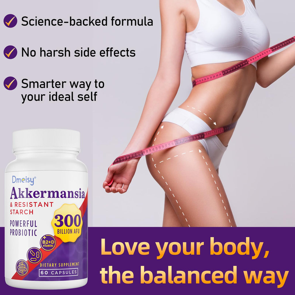 Akkermansia Supplement - 300 Billion AFU Akkermansia Muciniphila, Akkermansia Probiotic for Women & Men, for Boost , Digestive, Gut, Immunity, Enhances Gut Lining Function & Intestinal Walls, 60 Count