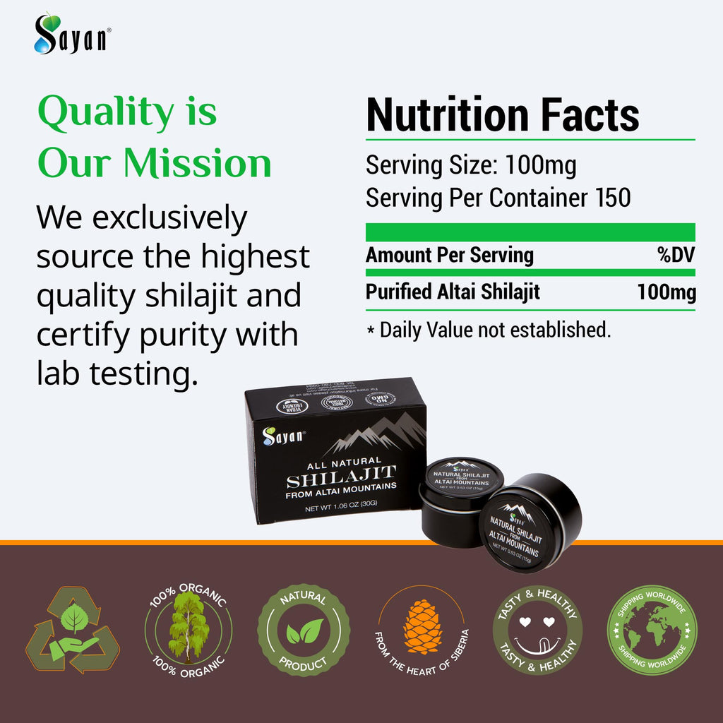 Sayan Pure Authentic Altai Shilajit Resin - 30 Grams, 4 Month Supply - High Efficacy Organic Fulvic Acid Supplement for Women and Men to Support Immune System, Energy, & Detox - Vegan, Non-GMO