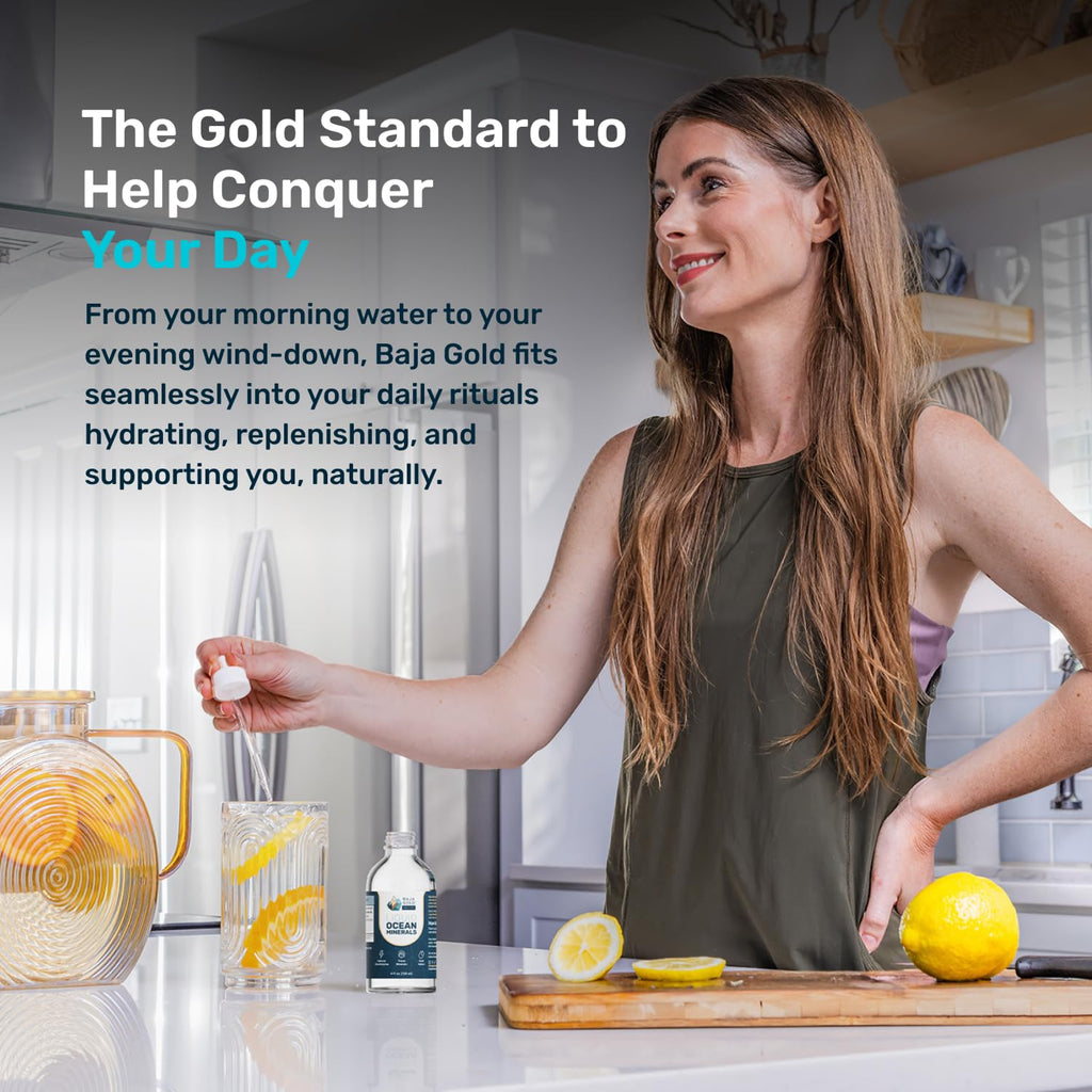Baja Gold Liquid Ocean Trace Mineral Drops - Ionic Electrolyte Drops for Drinking Water & Food Flavor Enhancement - Mineral-Rich Saline Solution & Oral Cleanse - 4 fl oz, 30-Day Supply
