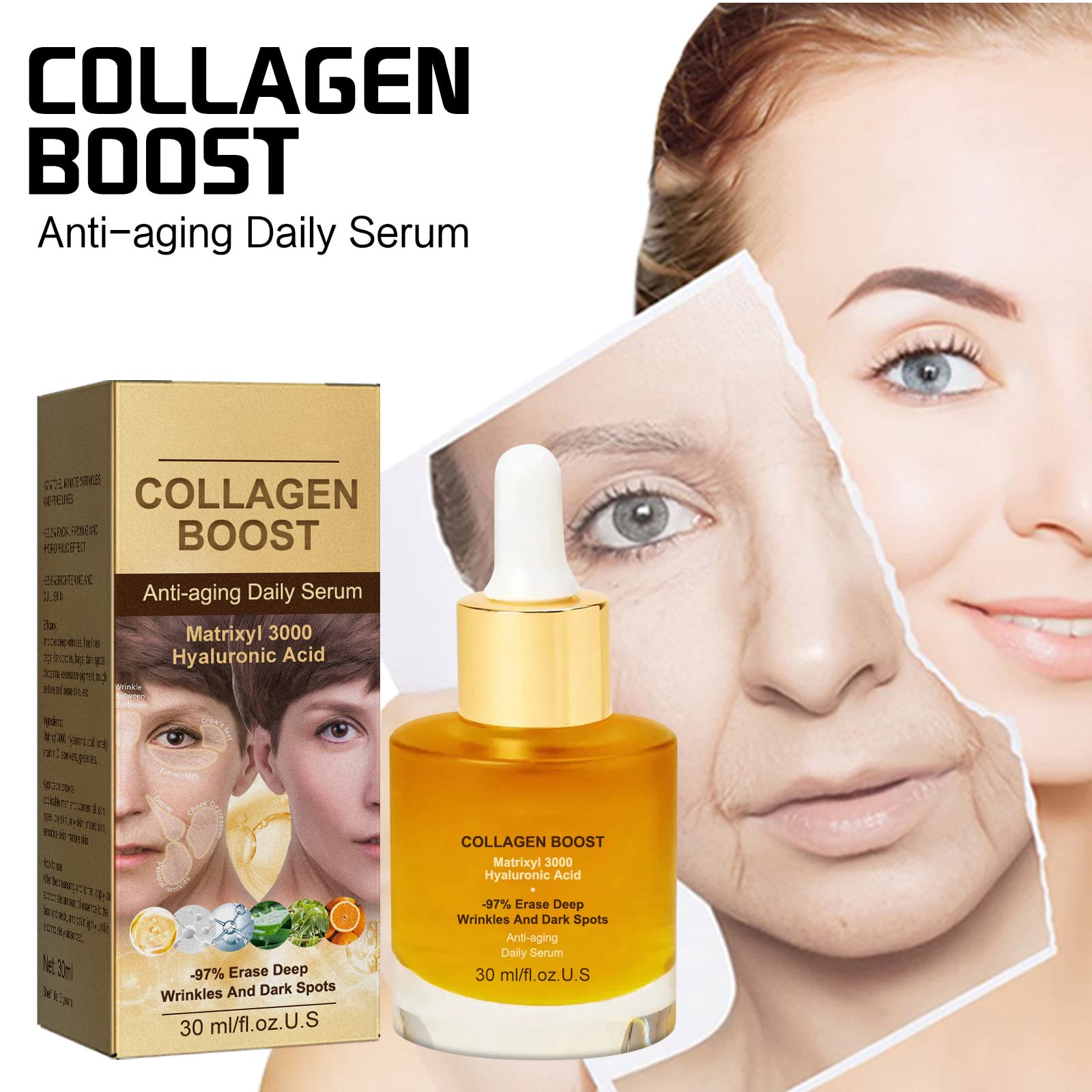 Collagen Boost - Collagen Serum For Face Serum - Serum Face With Collagen, Organic Aloe Vera, Vitamin C - Greasy - Lighten Dark Spots,Anti Aging & Wrinkle - For Youthful, Radiant & Dewy Skin,Pack of 1