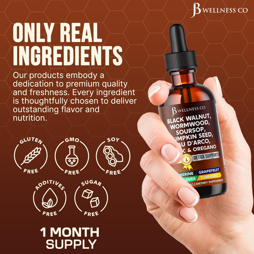 Wormwood Black Walnut Cleanse for Humans Drops Liquid Soursop Garlic Pumpkin Seed PAU D'Arco Oil of Oregano Turmeric Berberine Neem Extract Hull Bark Tincture - 6 oz