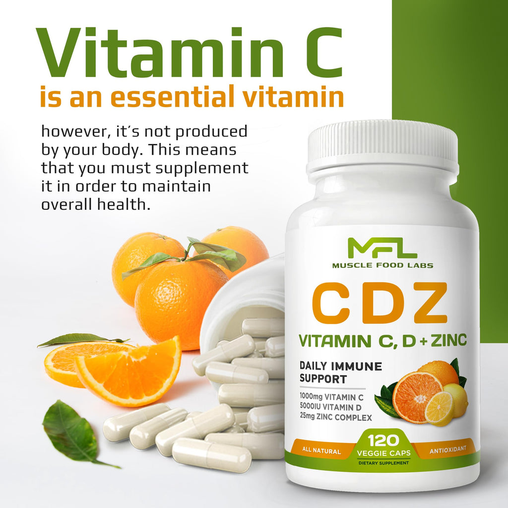 MUSCLE FOOD LABS 2 Pack, C D Z | Vitamin C, 1000mg | Vitamin D3, 125mcg | Zinc, 25mg | Non-GMO & Gluten Free | 240 Servings