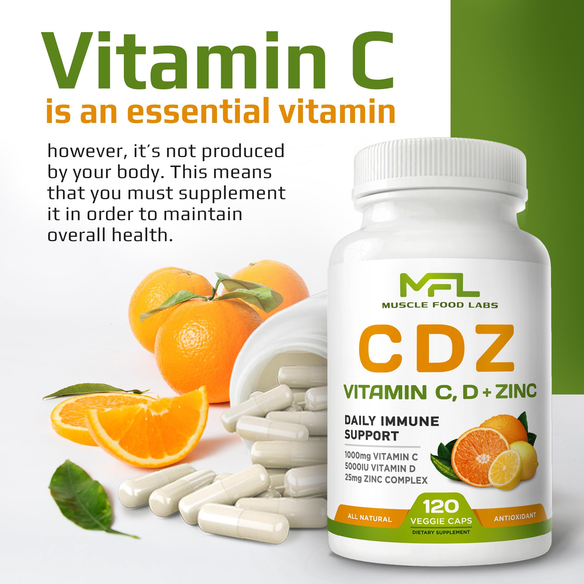 MUSCLE FOOD LABS 2 Pack, C D Z | Vitamin C, 1000mg | Vitamin D3, 125mcg | Zinc, 25mg | Non-GMO & Gluten Free | 240 Servings