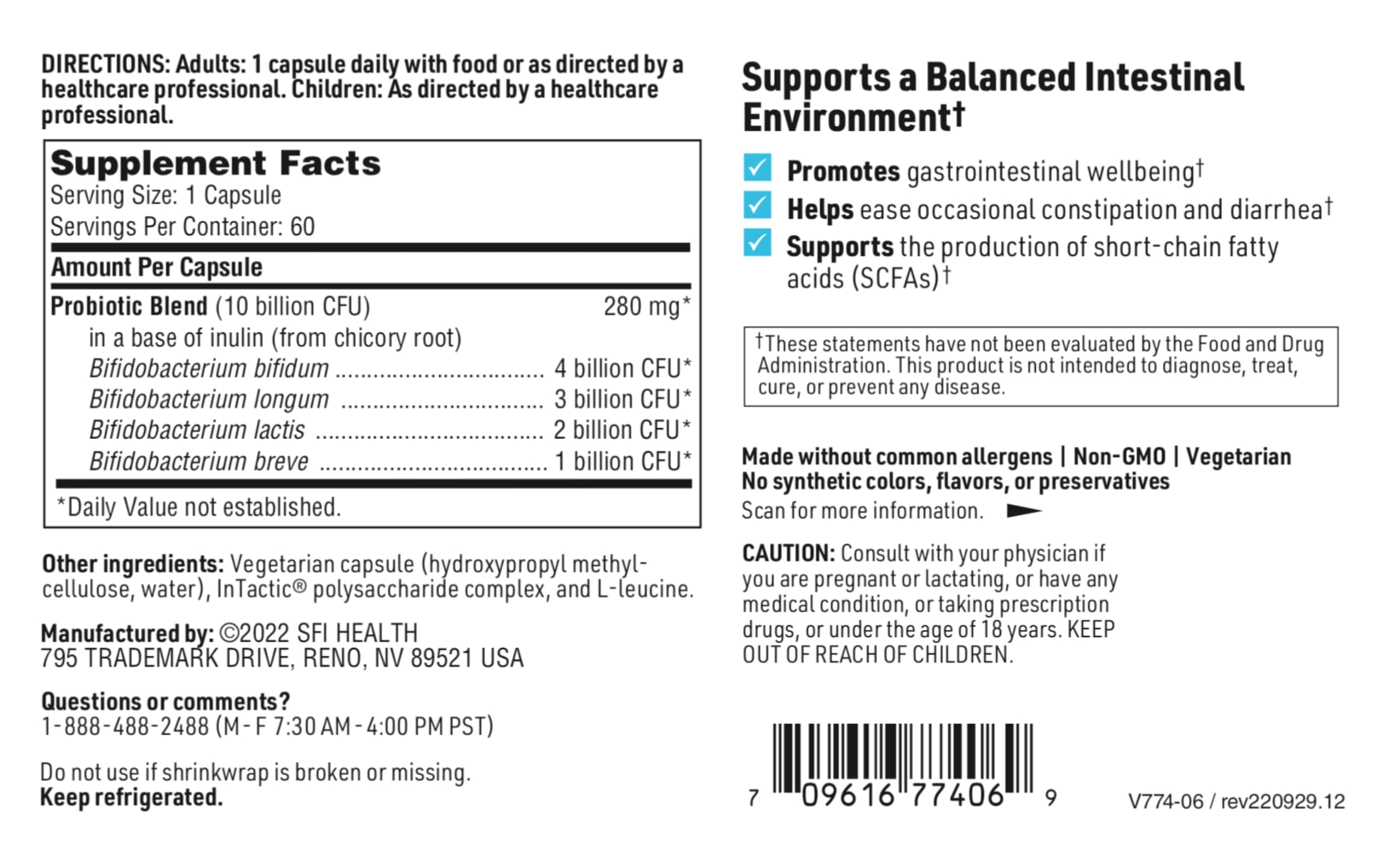 Klaire Labs SFI Health Ther-Biotic Factor 4-100% Bifidobacterium Probiotic - Bifidobacterium Bifidum with Breve, Lactis & Longum - Immune & Gut Health Support - Hypoallergenic (60 Caps / 2 Pack)
