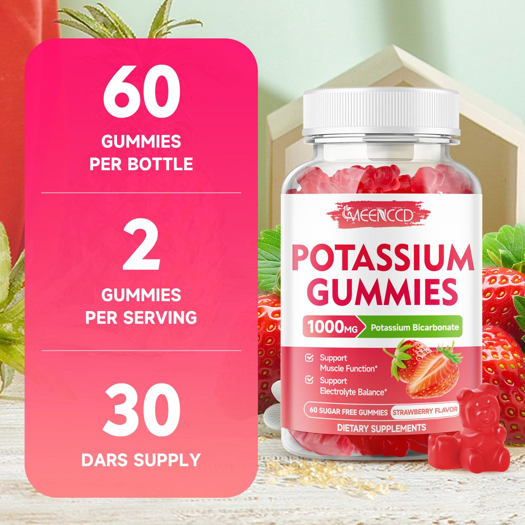 2 Pack Potassium Gummies 1000mg, Potassium Bicarbonate Supplement for Adults & Kids, Potassium Supplement for Electrolyte Balance & Muscle Heath, Sugar-Free, Strawberry Flavor, 120 Count