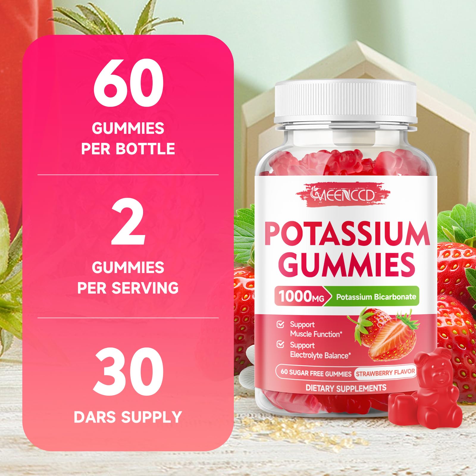 2 Pack Potassium Gummies 1000mg, Potassium Bicarbonate Supplement for Adults & Kids, Potassium Supplement for Electrolyte Balance & Muscle Heath, Sugar-Free, Strawberry Flavor, 120 Count
