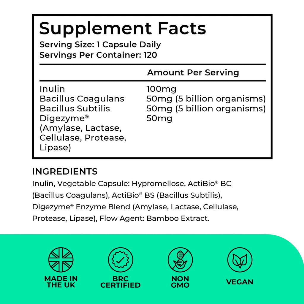 MultiSpore® Plus Probiotics, 120 Capsules, 4 Month Supply, Bacillus Coagulans Bacillus Subtilis, Spore-Based, Digestive Enzymes, Prebiotic Inulin, Vegan, Gut Balance, Love Life Supplements