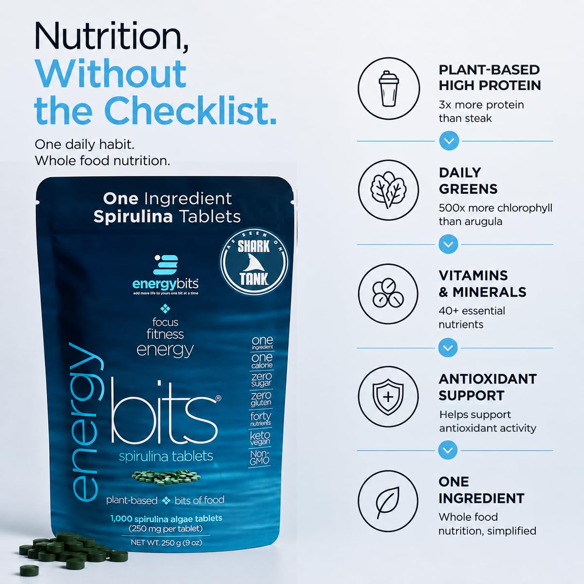ENERGYBITS Organic Spirulina Tablets (1000 Algae Tablets) Natural Superfood for Energy, Fitness & Focus - 5g Protein, 1 Calorie, Sugar Free - Omega 3 - Spirulina Capsules - Gluten Free, Keto & Vegan