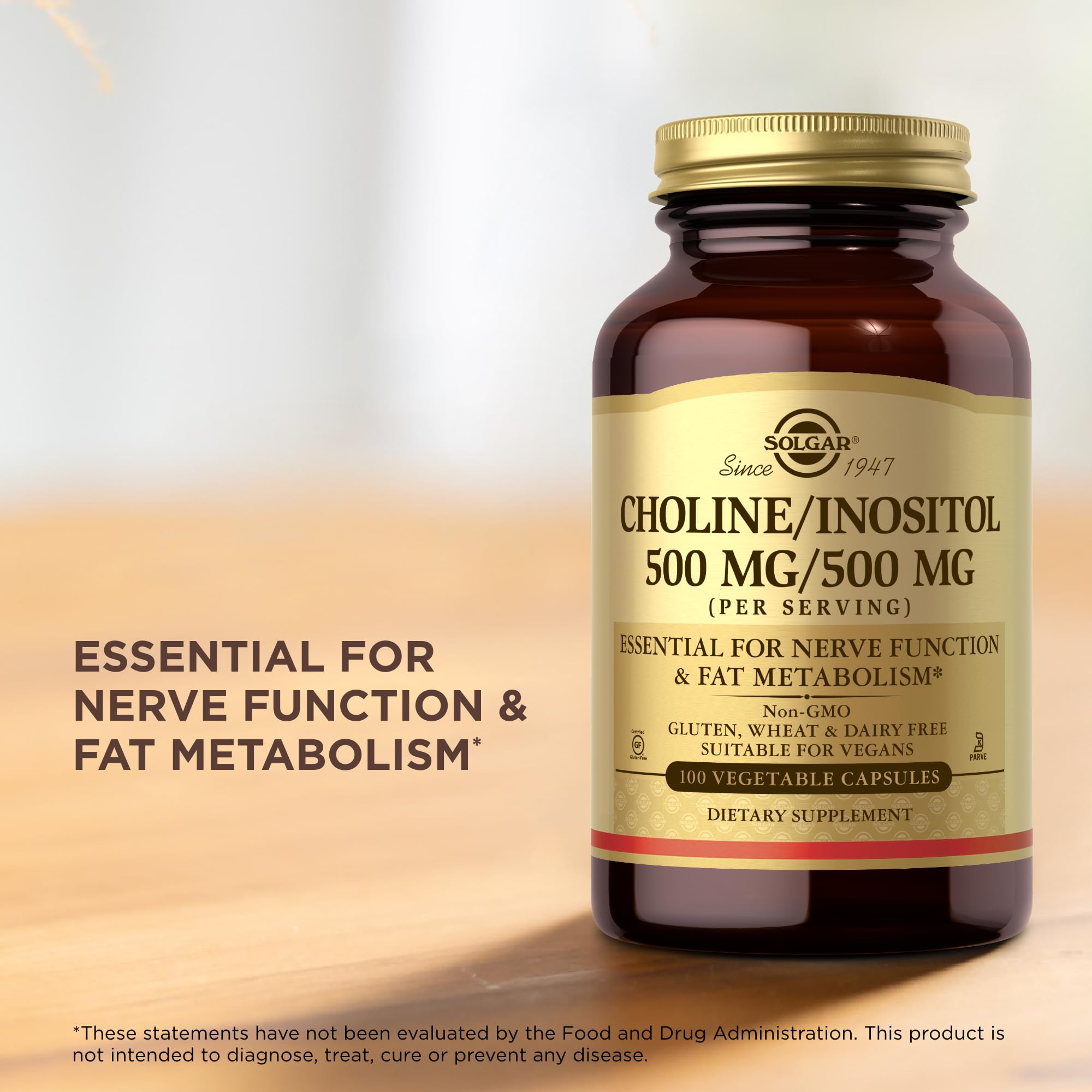 Solgar Choline/Inositol 500 mg/500 mg, 100 Vegetable Capsules (Pack of 2) - Energy Metabolism, Liver Health, Essential for Brain & Nerve Function - Non-GMO, Vegan, Kosher - 100 Total Servings