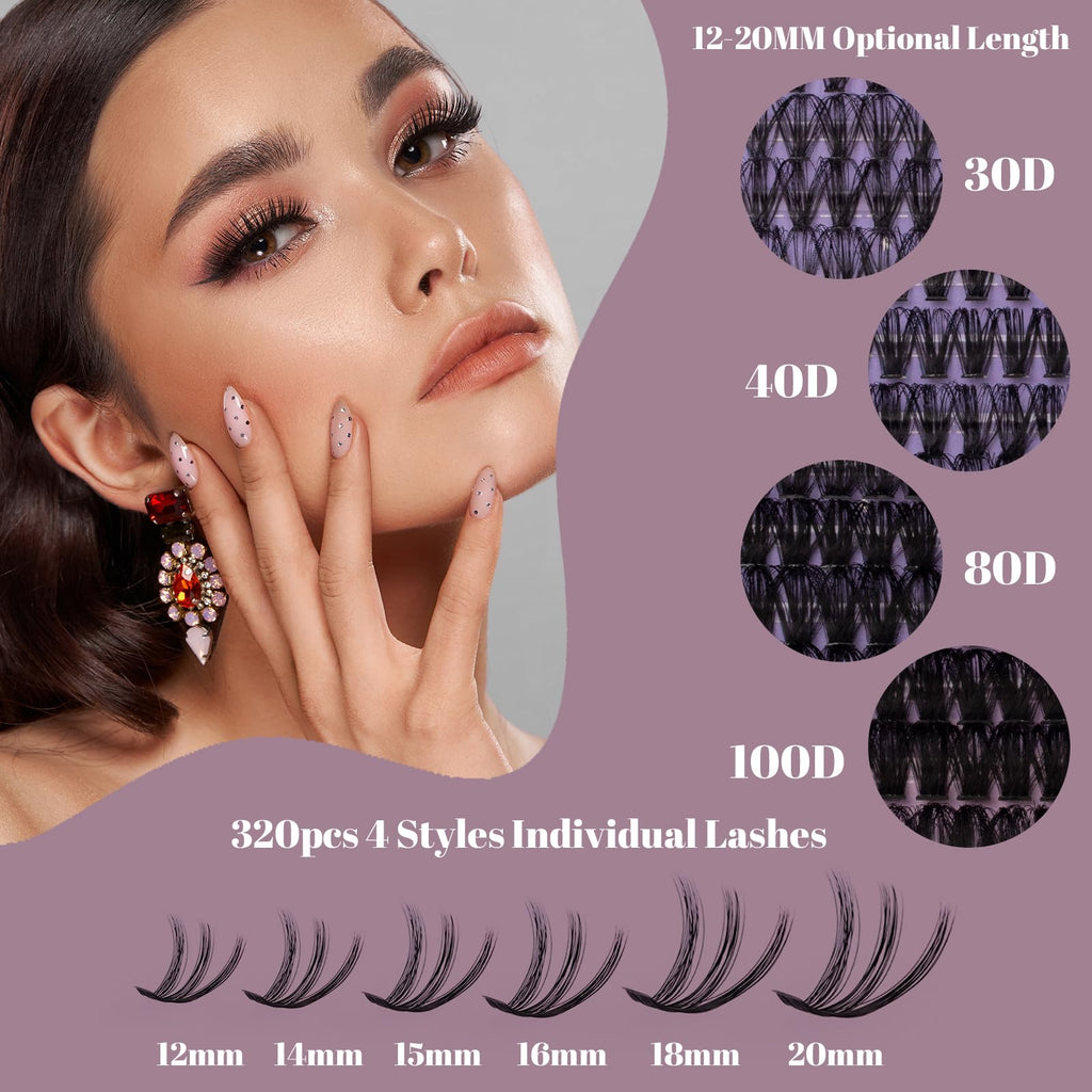 Ocean Pearl Cluster Lashes 320PCS Individual Eyelashes 30D+40D+80D+100D 4 Styles Eyelash Extensions Kit 12-20MM Lash Clusters DIY Eyelash Clusters with Super Lash Bond+Seal+Remover+Tweezer-4