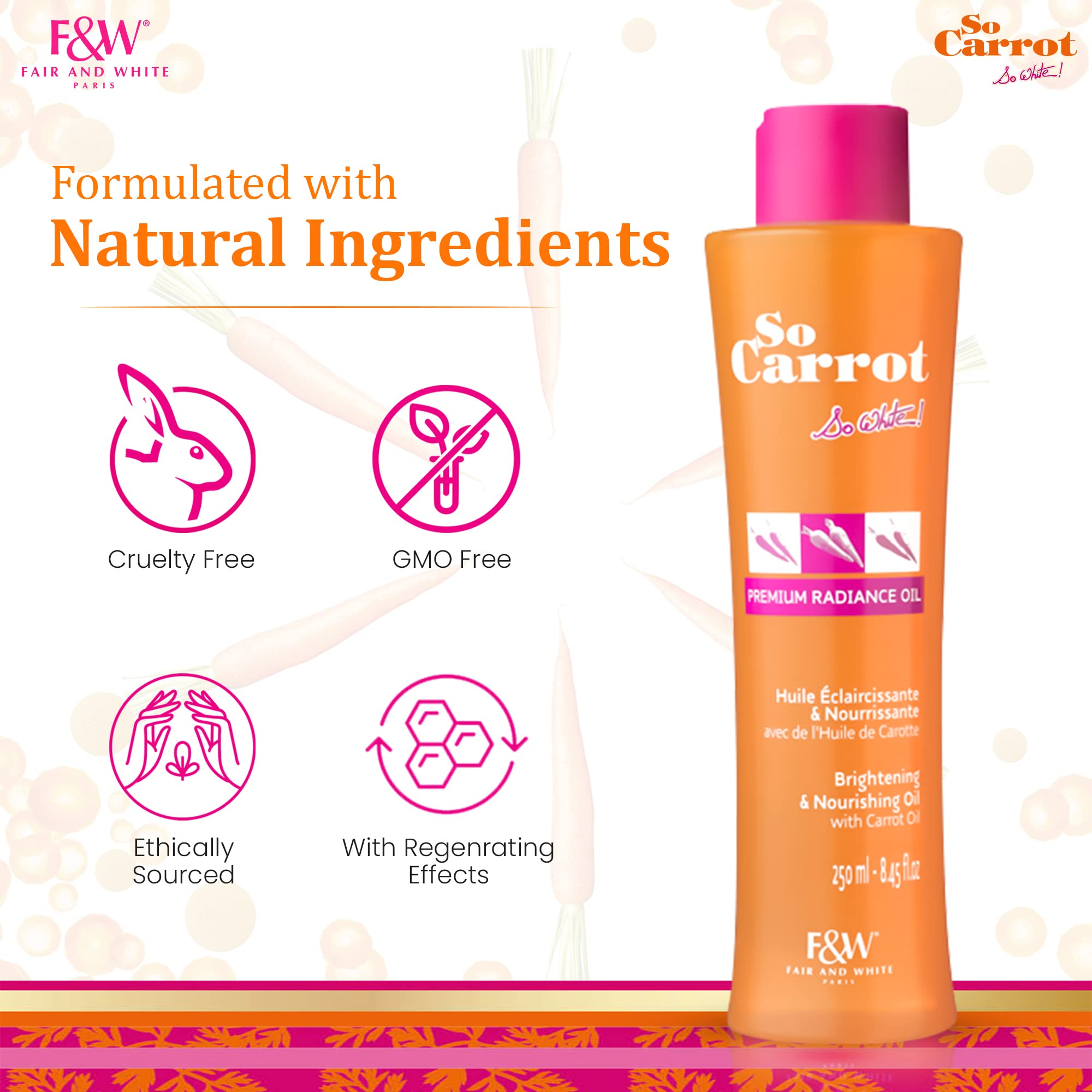 Fair & White So Carrot, Brightening Oil - 8.4 fl oz / 250ml - Natural Moisturizing & Nourishing - Hydrates and Brightens Skin Tone - With Glycerin, Sweet Almond & Carrot Oil