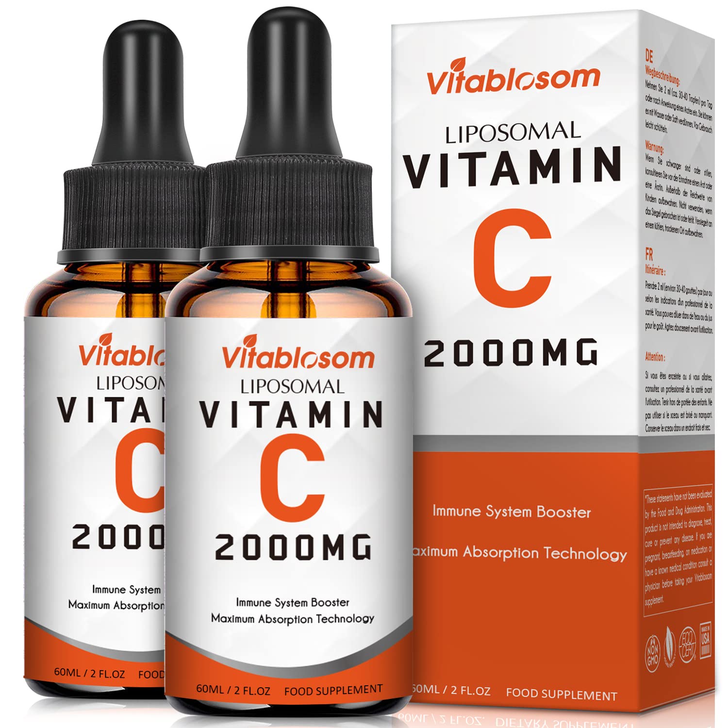 Vitablosom Liposomal Vitamin C 2000mg Liquid for Adults, High Absorption VIT C, Maximize Vitamin C, Immune System & Antioxidant Support, 60ML (2 Bottle)