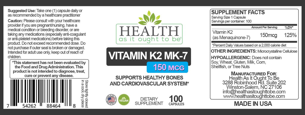 Health As It Ought To Be Vitamin K2 MK-7 150 mcg Supplement – Supports Bone and Cardiovascular Health – Soy-Free, Works with Vitamin D3 – 100 Capsules