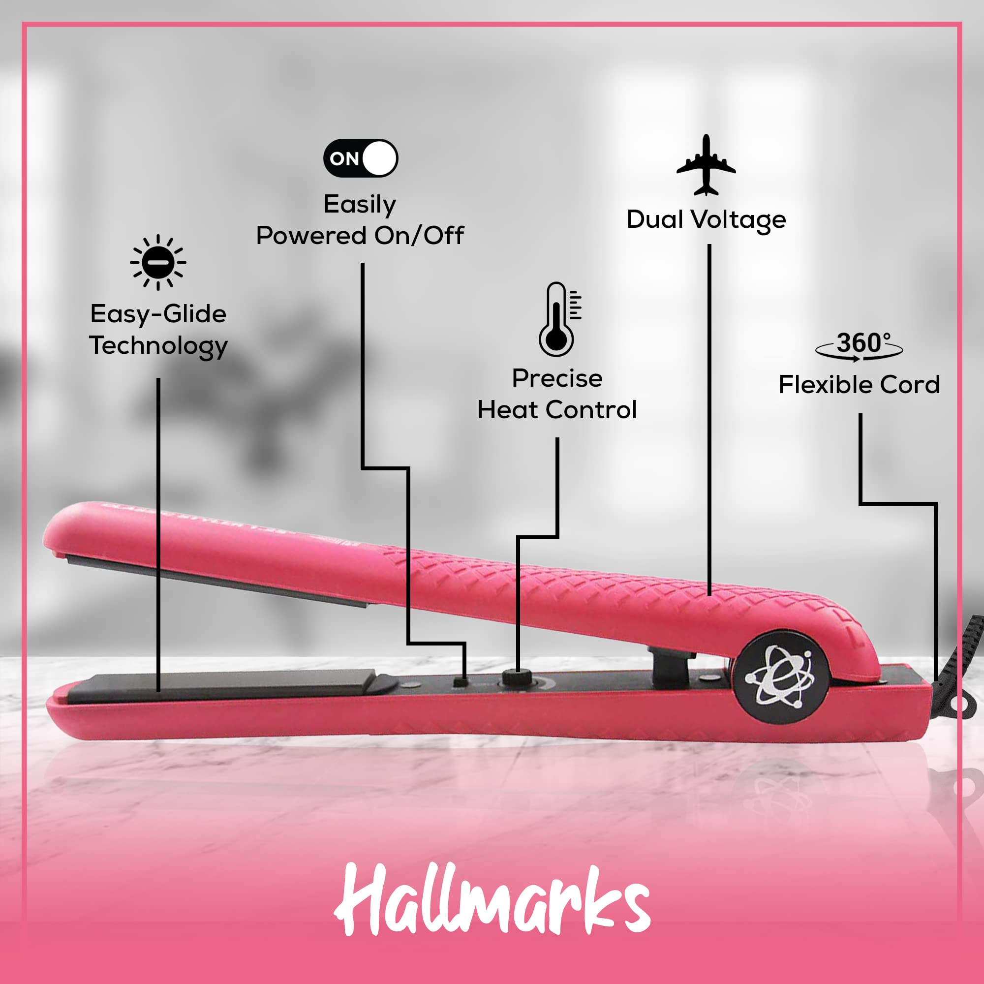 Evalectric Classic Styler Hair Straightener - 1.25" Ceramic Flat Iron with Floating Plates - Dual Voltage Hair Straightener - Negative Ion Technology - Travel Friendly - Pink