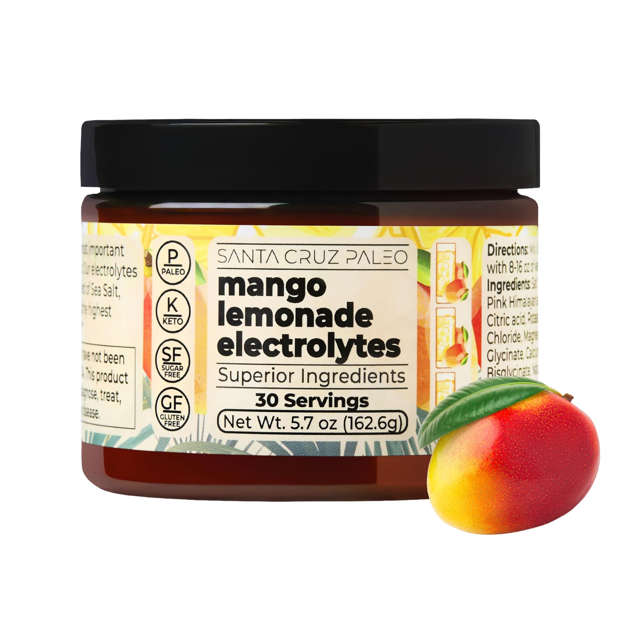 Santa Cruz Paleo Electrolyte Powder, Mango Lemonade, Sugar Free Hydration Drink Mix with Himalayan Pink Salt, Sea Salt, Magnesium Glycinate, Potassium Chloride, Sweetened with Stevia, 30 Servings