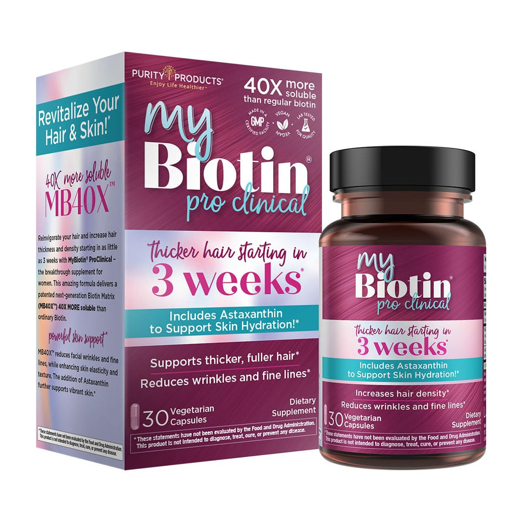Purity Products - MyBiotin ProClinical - Thicker Hair in 3 Weeks & Fights Wrinkles - MB40X Patented Biotin Vitamin B7 Matrix w/Astaxanthin - 40X More Soluble vs Ordinary Biotin, 30 Veg Capsules