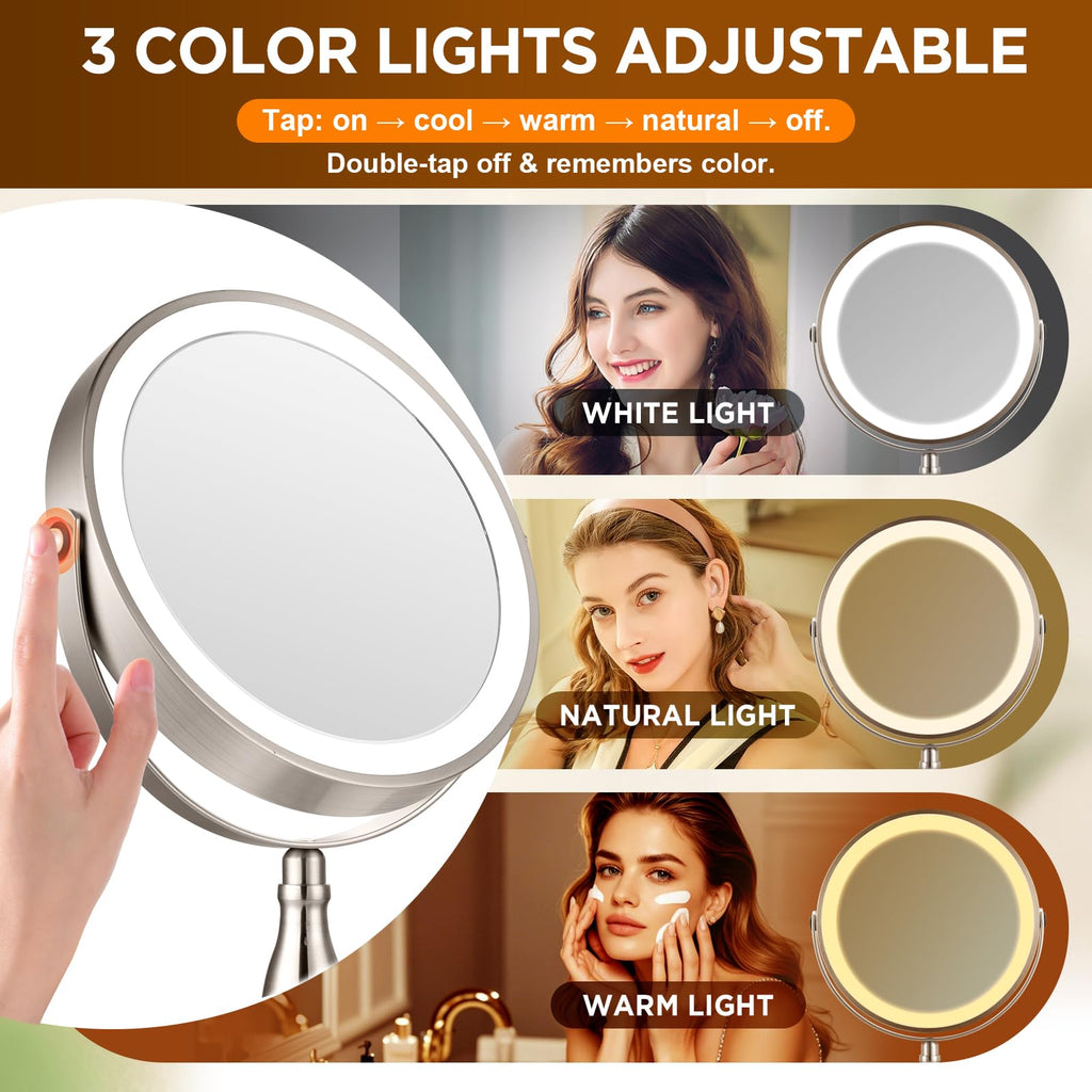Makeup Mirror with Light - Brushed Nickel, 30x Makeup Mirror with 3 Colors