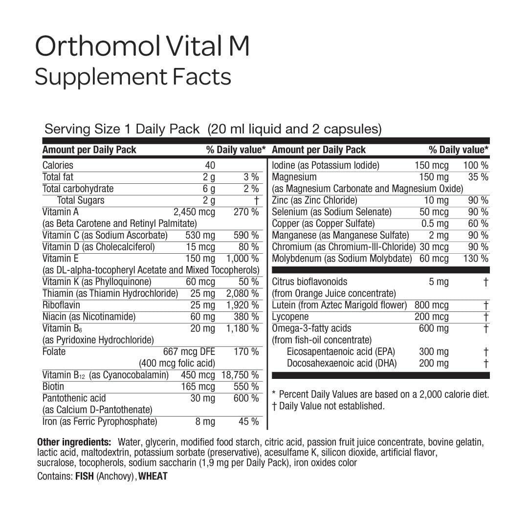 Orthomol Vital M – Daily Multivitamin for Men, Vitamins A, B, C, D3, E, K, Zinc, Iodine & Omega-3, Supports Energy, Vitality, Immune Health & Metabolism, 30-Day Supply, Liquid+ Capsules Supplement
