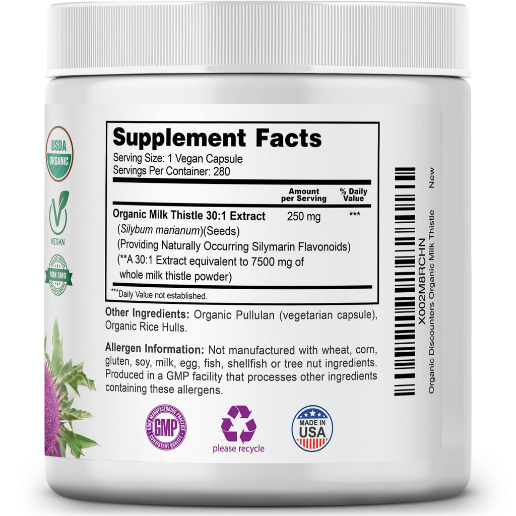 Organic Discounters USDA Organic Milk Thistle 30:1 Extract Capsules, 280 Vegan Capsules, Rich in Silymarin Flavonoids, Liver Cleanse and Liver Detox Support, Standardized 30X Extract, Made in the USA