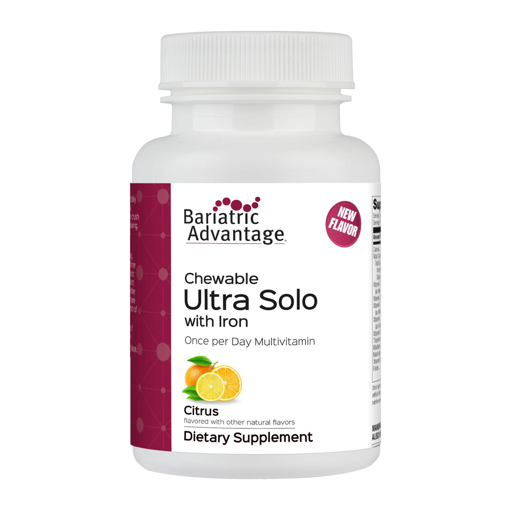 Bariatric Advantage Chewable Ultra Solo with Iron - Once-Per-Day Daily Multivitamin - for Bariatric Patients - with Thiamin, Vitamin A & More - Gluten Free - Citrus - 30 Tablets