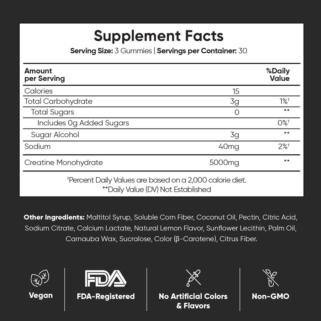 WeightWorld Sugar Free Creatine Gummies 5g (5000mg) | Pre & Post Workout Gummy | 90 Vegan Creatine Monohydrate Gummies for Men & Women (1 Month Supply) - 3 per Day | Non-GMO, Natural Lemon Flavor