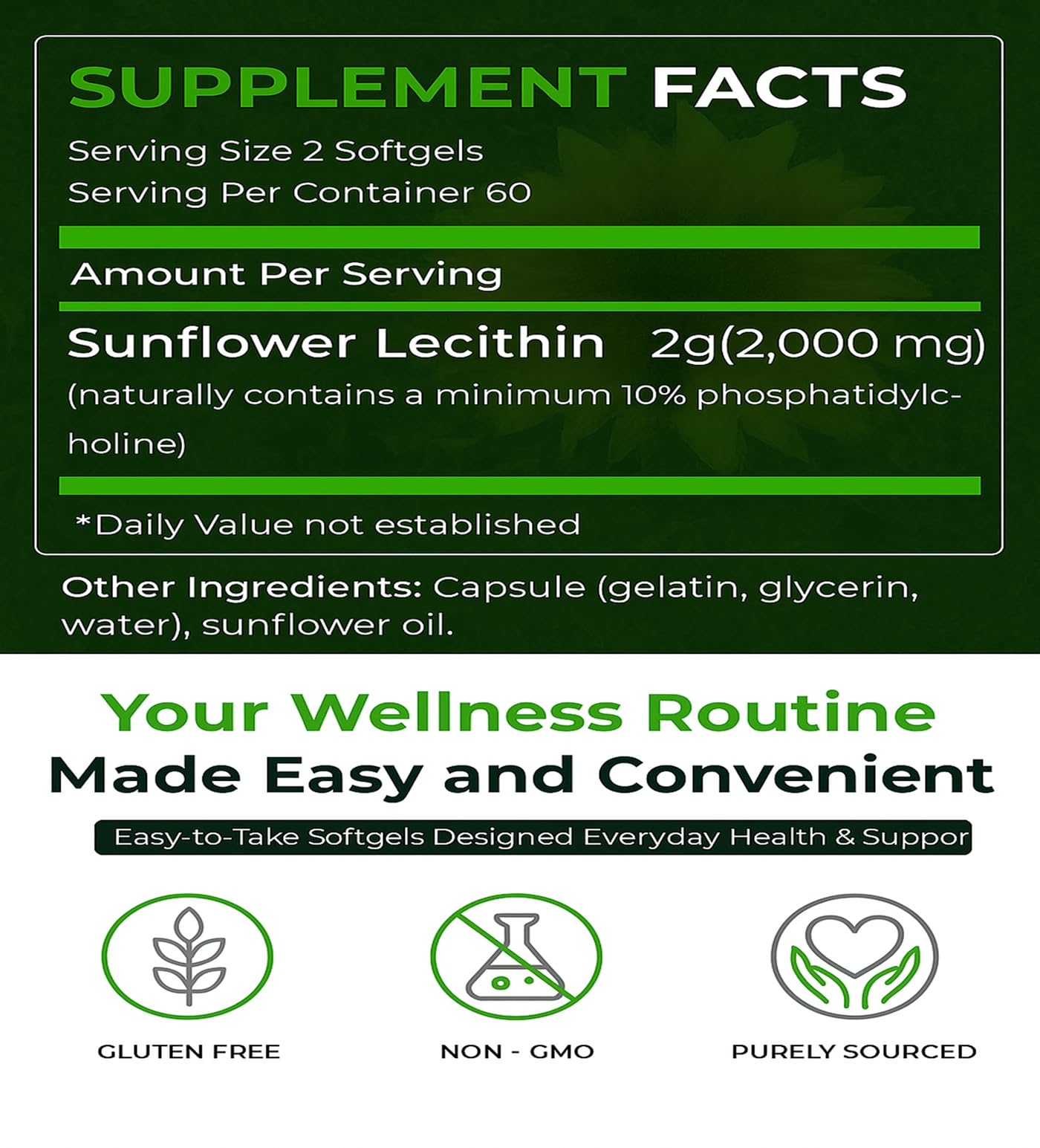 Natural Nutra Sunflower Lecithin Supplement 2000mg, Gluten-Free 120 Softgel
