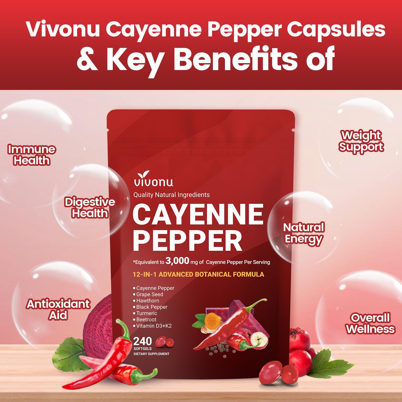 VivoNu Cayenne Pepper Softgels Supplement, Supports Leg Vein, Heart and Blood Vessel Health, with Vitamin E D3+K2 and Extracts of Grape Seed, Hawthorn, Beetroot and Others
