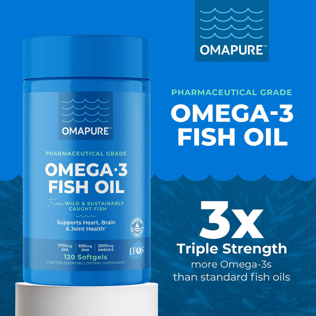 OMAPURE Fish Oil Omega 3 Supplements - Triple Strength - High EPA, DHA - IFOS Lab Tested - Supports Heart & Brain Health - Burpless Capsules - Wild Caught - (5 Bottles - 120 Softgels Per Bottle)