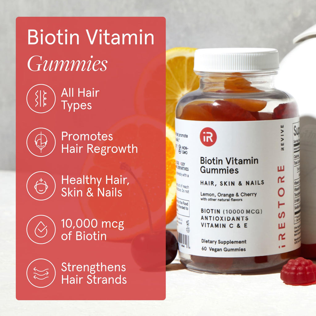 iRestore Biotin Gummies 10,000 mcg - 3 Natural Fruit Flavors, Hair Vitamins Multi Supplement for Hair Skin and Nails for Women & Men, 60 Vegan Gummies, 30 Day Supply